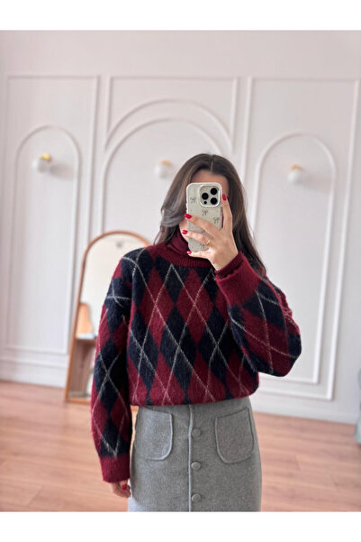 POİNE Women's Diamond Patterned Oversized Premium Knitwear Sweater