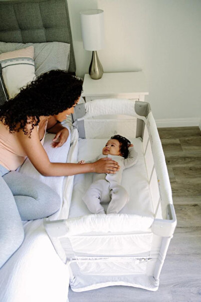 Royal Folding Crib 2 in 1 DeLuxe Smart CoSleeper - Sliding Sides, 2 Levels, Grey with Blue