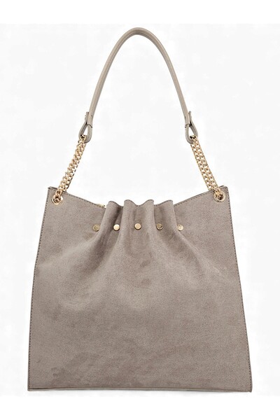 Evident Stone Color Nubuck Chain Detailed Pleated Women's Shoulder Bag