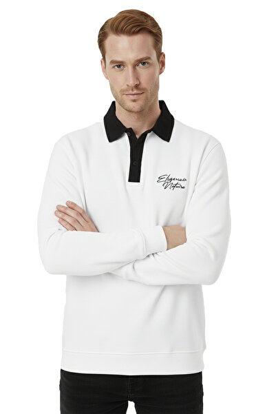 DeepSEA Men's White Relax Fit Fleece Lined Polo Neck Sweatshirt – Cotton Thick Sweatshirt 2600762