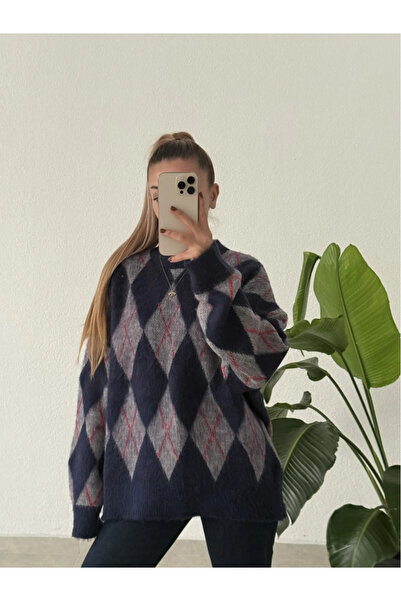 POİNE Women's Diamond Patterned Oversized Premium Knitwear Sweater