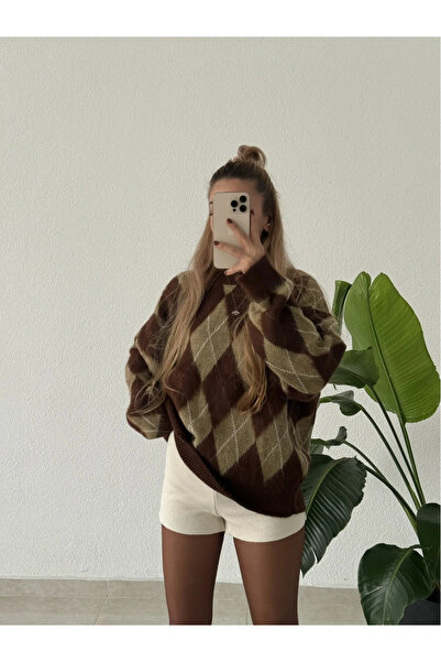 POİNE Women's Diamond Patterned Oversized Premium Knitwear Sweater