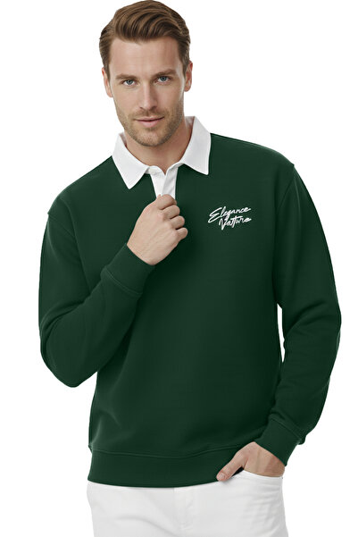 DeepSEA Men's Green Relax Fit Fleece Lined Polo Neck Sweatshirt – Cotton Thick Sweatshirt 2600762