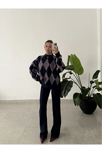 POİNE Women's Diamond Patterned Oversized Premium Knitwear Sweater