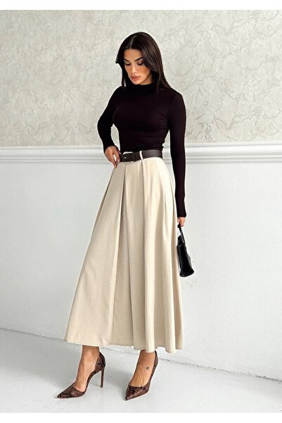 MAXXANA Belted Pleated Polyviscose Skirt