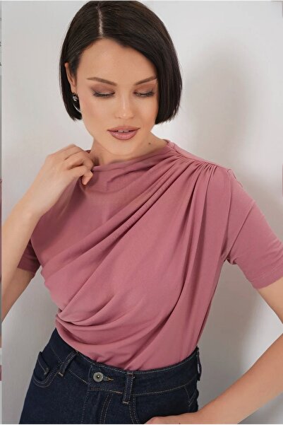 Diviny Women's Pink Sandy Short Sleeve Draped Shirred Blouse