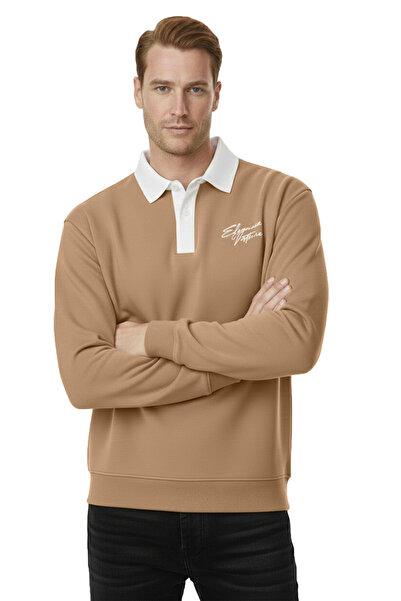 DeepSEA Men's Camel Relax Fit Fleece Lined Polo Neck Sweatshirt – Cotton Thick Sweatshirt 2600762