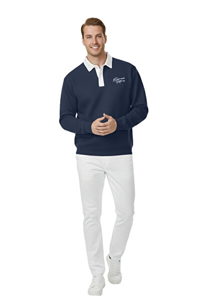 DeepSEA Men's Navy Blue Relax Fit Fleece Lined Polo Neck Sweatshirt – Cotton Thick Sweatshirt 2600762