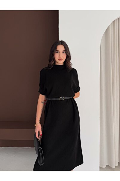 MAXXANA Mock Neck Belted Corded Fabric Half Sleeve Midi Cotton Knitwear Dress
