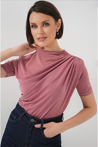 Diviny Women's Pink Sandy Short Sleeve Draped Shirred Blouse