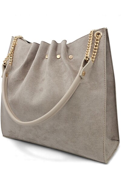 Evident Stone Color Nubuck Chain Detailed Pleated Women's Shoulder Bag