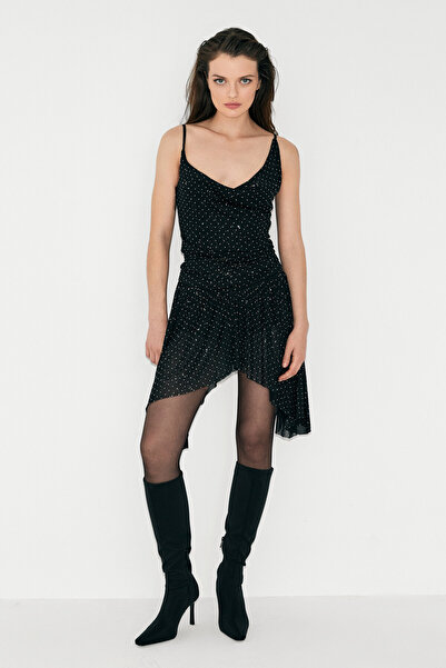 GRIMELANGE Miento Women's Asymmetrical Cut Tulle Skirt with Stone Detailing, Stylish Mini Black Skirt with Shorts Lining