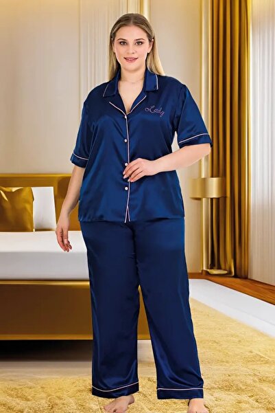 lidofya Buttoned navy blue satin plus size satin pajama set