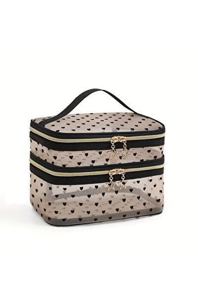 Generic Portable mesh makeup bag with a heart print.