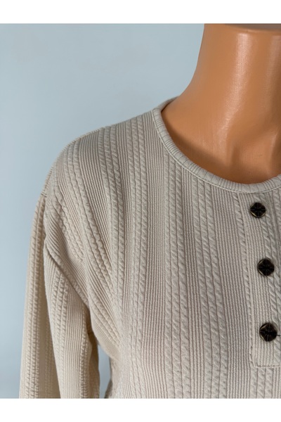 YAŞAR TRİKO Women's Knitted Patterned Crew Neck Long Sleeve Side Slit Wool Mother Combed Cotton T-Shirt