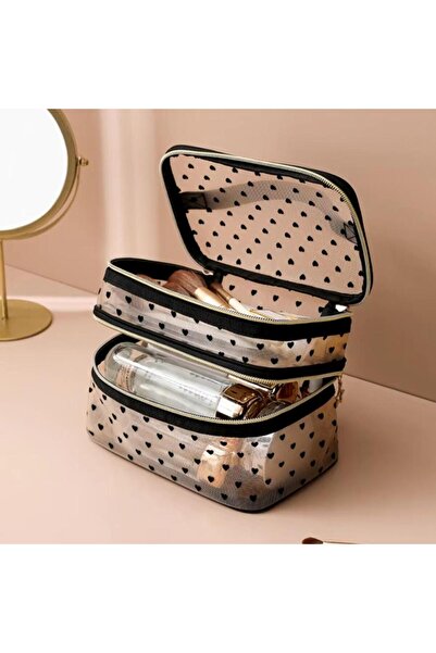 Generic Portable mesh makeup bag with a heart print.