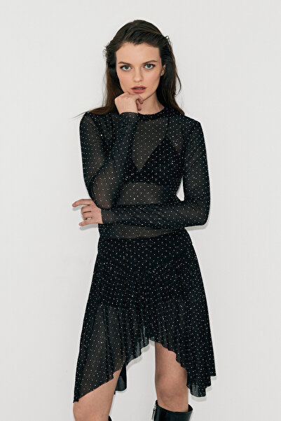 GRIMELANGE Verdades Women's Round Neck Tulle with Stone Detail Long Sleeve Transparent Stylish Black Blouse