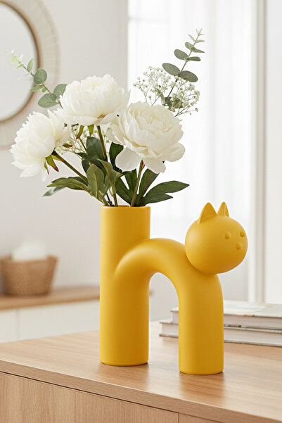 MEK Vază modernă din plastic cu pisică modele drăguțe, galbenă (17x15cm)