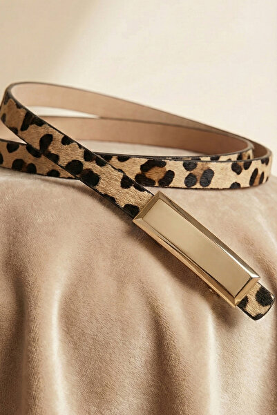 LAREON Women's Gold Rectangular Buckle Thin Belt 1cm - Adjustable 10-Hole Dress and Trouser Belt