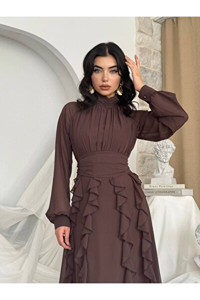 ETİKAFASHION Fırfır Detaylı Korsaj Şifon Elbise