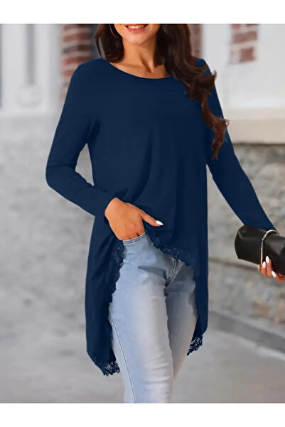 Beruflic Women's Long Sleeve Crew Neck Asymmetrical Cut Detailed Lace Viscose...