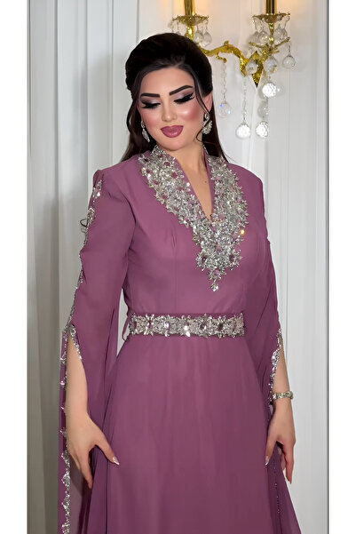 NHMODA Laser Stone Appliqued Chiffon Fabric Evening Dress