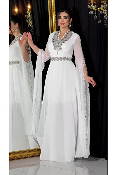 NHMODA Laser Stone Appliqued Chiffon Fabric Evening Dress