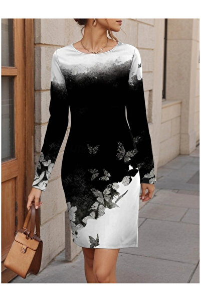 Beruflic    فستان نسائي طويل الأكمام بياقة دائرية وطبعة زهور، فستان غوص قصير