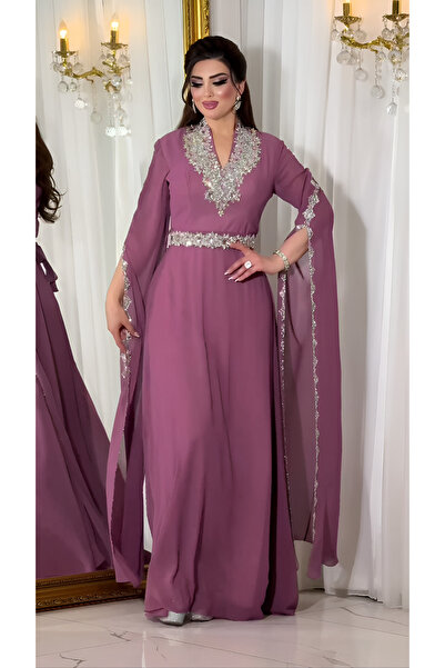 NHMODA Laser Stone Appliqued Chiffon Fabric Evening Dress