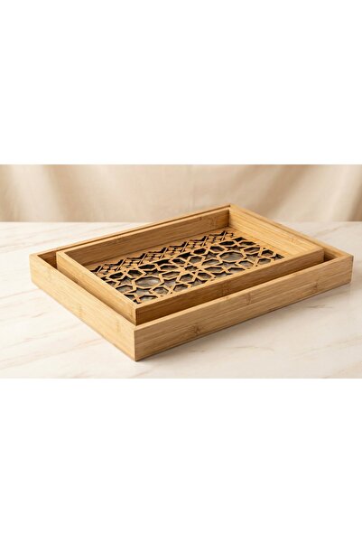 genernic Two-piece wooden serving tray set with a luxurious glass base