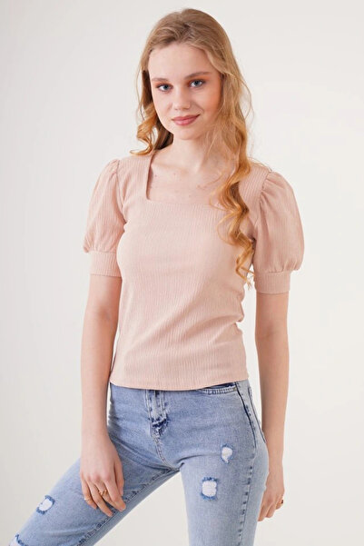nedo7    0409 Square Neck Knitted Blouse - Biscuit