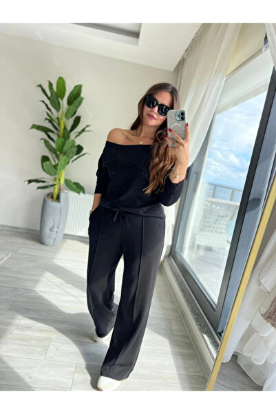 nedo7 Women's Long Sleeve One Shoulder Open Modal Blouse and Pants Two Piece Set