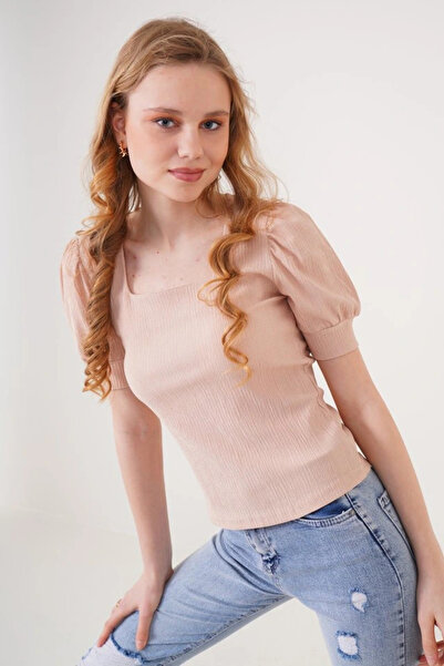 nedo7    0409 Square Neck Knitted Blouse - Biscuit