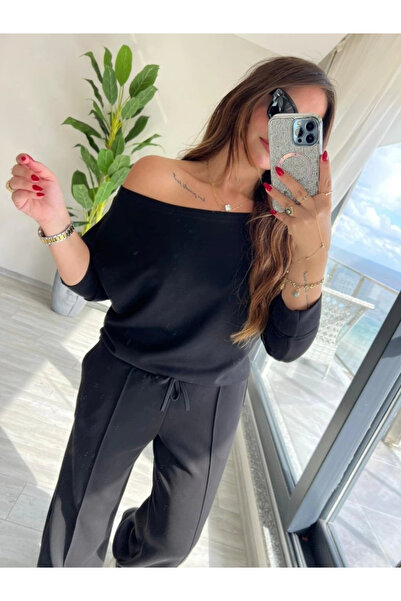 nedo7 Women's Long Sleeve One Shoulder Open Modal Blouse and Pants Two Piece Set