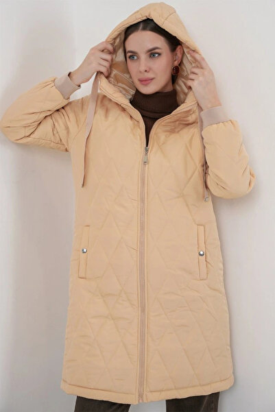 nedo7 5138 Quilted Long Puffer Jacket - Beige