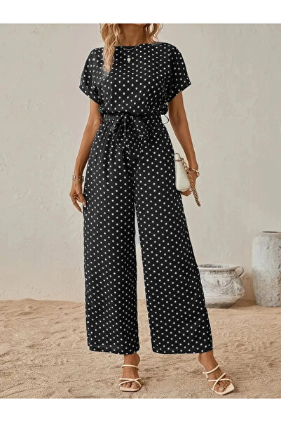 Beruflic Kadın Kısa Kollu Kayık Yaka Belden Kuşaklı örme Krep Tulum