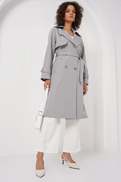 nedo7 5918 Double Breasted Collar Trench Coat - Gray