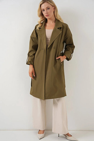 nedo7 9104 Double Breasted Collar Lined Trench Coat - Khaki
