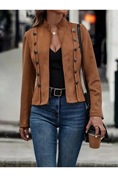 nedo7 Women's Long Sleeve High Collar Short Suede Jacket with Buttons on the Sides