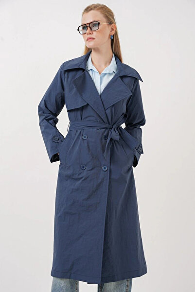 nedo7 5938 Double Breasted Lapel Trench Coat - Navy Blue