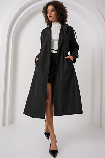 nedo7 5941 Double Breasted Collar Long Trench Coat - Black