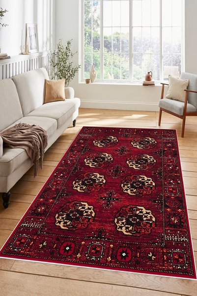 Kessy Home Studio Kırmızı Vintage Oriental Desen Klasik Salon Halısı Kaymaz T...