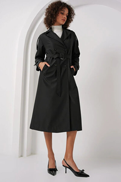 nedo7 5941 Double Breasted Collar Long Trench Coat - Black