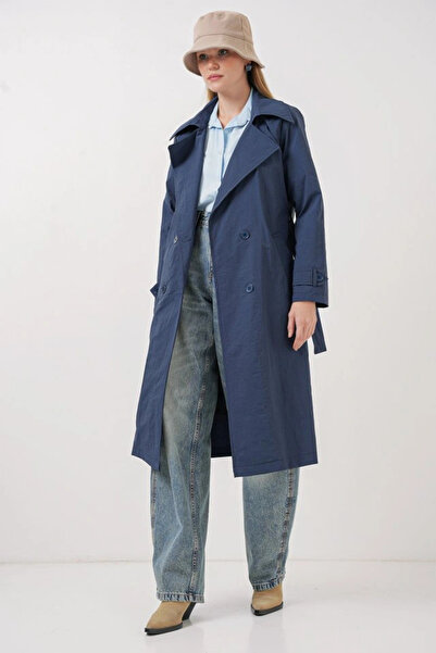 nedo7 5938 Double Breasted Lapel Trench Coat - Navy Blue