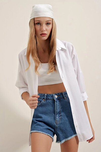 nedo7 White Oversized Long Basic Shirt 3900