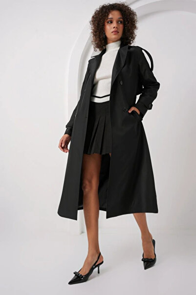 nedo7 5941 Double Breasted Collar Long Trench Coat - Black