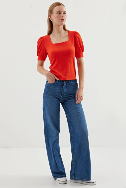 nedo7 0409 Square Neck Knitted Blouse - Orange