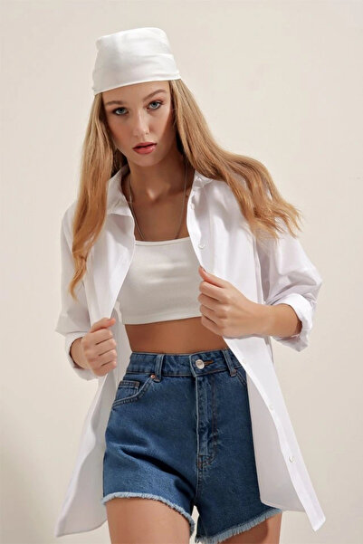 nedo7 White Oversized Long Basic Shirt 3900