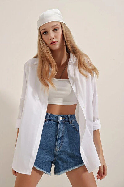 nedo7 White Oversized Long Basic Shirt 3900