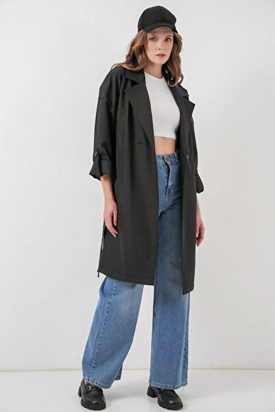 nedo7 9104 Double Breasted Collar Lined Trench Coat - Black